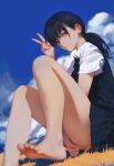  1girl absurdres barefoot between_legs black_dress black_eyes black_hair blue_sky chainsaw_man closed_mouth cloud collared_shirt commentary_request dress feet foot_out_of_frame fourth_east_high_school_uniform hand_between_legs hand_on_own_crotch highres legs looking_at_viewer mitaka_asa on_grass outdoors pinafore_dress ponytail school_uniform shirt short_sleeves sitting sky sleeveless sleeveless_dress solo thighs v white_shirt yao_liao_wang 