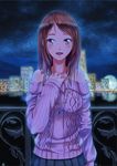  bare_shoulders brown_eyes brown_hair city cosmo_clock_21 glowing highres houjou_karen idolmaster idolmaster_cinderella_girls jewelry long_hair nail_polish necklace night reflective_eyes skirt sky smile solo star_(sky) starry_sky suzu-q sweater yokohama yokohama_landmark_tower 