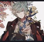  animal_ears blue_eyes bouquet branch brown_jacket commentary commentary_request cowboy_shot erune expressionless falling_petals flower gloves granblue_fantasy grey_hair hair_between_eyes highres holding holding_bouquet jacket jacket_on_shoulders light_frown messy_hair misato_karuha necktie nehan_(granblue_fantasy) petals red_necktie scar scar_on_arm short_hair suit upper_body white_background wolf_ears 