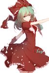  arm_ribbon bangs blush bow dress front_ponytail full_body green_eyes green_hair hair_bow head_scarf highres kagiyama_hina looking_at_viewer outstretched_arm puffy_short_sleeves puffy_sleeves red_dress red_hair ribbon short_hair short_sleeves shuzi simple_background smile solo touhou white_background 