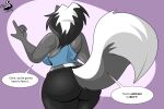 anthro big_butt black_and_white_hair black_bottomwear black_clothing black_pants bottomwear butt chrisandcompany clothing english_text female fur grey_body grey_fur hi_res kelsey_sienna looking_away mammal mephitid pants ring_(jewelry) skunk speech_bubble text yoga_pants