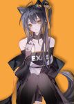  0_(znanimo) 1girl ahoge animal_ears arknights black_hair commentary highres knees_together_feet_apart long_hair looking_at_viewer side_ponytail simple_background sleeves_past_wrists solo tail texas_(arknights) wolf_ears wolf_girl wolf_tail yellow_background yellow_eyes 