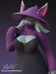 3:4 3d_(artwork) anthro big_breasts blender_(software) breasts clothing digital_media_(artwork) female hat headgear headwear hi_res hiddenmask18 humanoid katress mammal pal_(species) palworld pocketpair robe solo text url