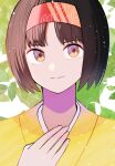  1girl brown_eyes brown_hair closed_mouth commentary_request erika_(pokemon) eyelashes hairband hand_up happy highres japanese_clothes kana_(kanna_runa0620) kimono leaf looking_at_viewer parted_bangs pokemon pokemon_hgss short_hair smile solo upper_body white_background yellow_kimono 