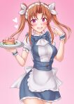  1girl alternate_costume anti_(untea9) blue_skirt blush breasts brown_hair cowboy_shot enmaided food gradient_background hair_ribbon highres kagerou_(kancolle) kantai_collection kirby kirby_(series) long_hair maid medium_breasts neck_ribbon open_mouth pancake pink_background purple_eyes ribbon shirt short_sleeves skirt smile solo suspender_skirt suspenders twintails white_shirt 