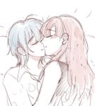  2girls blue_hair closed_eyes closed_mouth collared_shirt commentary english_commentary highres hug kiss maybecrosswise multiple_girls original red_hair shirt short_hair sleeveless sleeveless_shirt smile yuri 