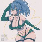  blue_hair breasts choker cleavage earrings elbow_gloves gloves green_eyes green_gloves highres jewelry large_breasts leona_heidern midriff navel ponytail salute the_king_of_fighters thighs thong triangle_earrings wada_chakuchiten 