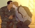  2boys balnom bandaid bara black_hair brown_hair buzz_cut camouflage camouflage_pants couple dark-skinned_male dark_skin facial_hair from_side kiss male_focus military_uniform multiple_boys original pants profile short_hair sideburns_stubble sitting stubble surprise_kiss surprised thick_eyebrows uniform very_short_hair yaoi 