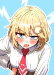  1girl blonde_hair blue_eyes breasts ddolbang hand_on_own_hip highres hololive hololive_english large_breasts long_sleeves looking_at_viewer lower_teeth_only necktie red_necktie short_hair teeth upper_body virtual_youtuber watson_amelia 
