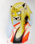 absurd_res anthro blonde_hair brie_(grinriff) cheetah clothed clothing countershade_fur countershade_neck countershading ear_piercing eyebrows felid feline female fur green_eyes grinriff hair hi_res mammal open_mouth open_smile piercing smile solo