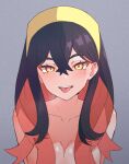  1girl black_hair breasts brown_eyes carmine_(pokemon) cleavage collarbone highres kamidan large_breasts long_hair mole mole_under_eye multicolored_hair nude parted_lips pokemon pokemon_sv red_hair solo teeth tongue tongue_out upper_teeth_only 
