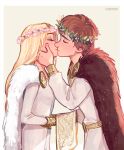  1boy 1girl artist_name astrid_hofferson belt blonde_hair border brown_cape brown_hair cape closed_eyes dress flower_wreath from_side fur_cape gold_belt head_wreath hiccup_horrendous_haddock_iii how_to_train_your_dragon husband_and_wife kiss long_hair pants seoyeon shirt short_hair simple_background white_background white_border white_cape white_dress white_pants white_shirt 