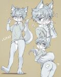  1boy animal_ear_fluff animal_ears ass bandaid bandaid_on_ass blush bottomless cat_boy cat_ears cat_tail commission crying crying_with_eyes_open embarrassed fewer_digits flying_sweatdrops furry furry_male go_(1o22g) grabbing_own_tail grey_background greyscale_with_colored_background male_focus messy_hair nervous_smile nose_blush original pawpads shirt short_hair simple_background smile solo spot_color standing tail tears 
