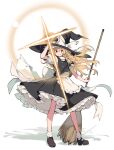  1girl apron arm_up asakura_maru black_dress black_footwear black_hat black_shirt blonde_hair bow broom dress full_body glint hat highres holding holding_broom kirisame_marisa long_hair shirt simple_background solo touhou white_background white_bow witch witch_hat 