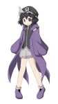  1other androgynous baila_kuangzi black_hair black_hat black_shirt chinese_commentary coat commentary_request frilled_hat frilled_shorts frills full_body hat highres len&#039;en long_sleeves open_clothes open_coat other_focus purple_coat purple_eyes purple_footwear shirt shitodo_kuroji short_hair shorts simple_background sleeveless sleeveless_shirt sleeves_past_wrists socks triangular_headpiece white_background white_shorts white_socks wide_sleeves 