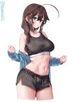  1girl ahoge alternate_costume blue_eyes braid breasts brown_hair collarbone commentary_request cowboy_shot ebifurya hair_between_eyes hair_flaps hair_over_shoulder highres kantai_collection long_hair looking_at_viewer medium_breasts navel shigure_(kancolle) shigure_kai_san_(kancolle) shorts single_braid sleeveless solo sports_bra stomach twitter_username white_background 