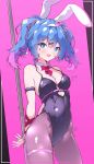  1girl ace_(playing_card) ace_of_hearts animal_ears arms_behind_back bare_shoulders black_leotard blue_eyes blue_hair blush bow bowtie breasts card clothing_cutout cuffs cutout_above_navel detached_collar fake_animal_ears hair_ornament halkawa501 handcuffs hatsune_miku heart heart-shaped_pupils heart_cutout highres leotard looking_at_viewer medium_breasts object_in_bra open_mouth pantyhose pink_background pink_pupils playboy_bunny playing_card pole rabbit_ears rabbit_hole_(vocaloid) simple_background smile solo stomach_cutout stripper_pole symbol-shaped_pupils teardrop_facial_mark twintails vocaloid x_hair_ornament 