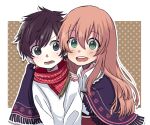  1boy 1girl amarant_(claroscuro) brown_hair claroscuro green_eyes grey_eyes long_hair nikanor_petrovich_lyarasov official_art orange_hair polka_dot polka_dot_background sarafan scarf shawl short_hair smile ximsol182 