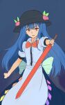  1girl black_background blue_hair bow bowtie center_frills commentary frills highres hinanawi_tenshi holding holding_sword holding_weapon kakone long_hair looking_at_viewer one-hour_drawing_challenge open_mouth peach_hat_ornament red_bow red_bowtie red_eyes shirt simple_background solo sword sword_of_hisou touhou weapon white_shirt 