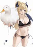  1girl :d absurdres animal bikini bird black_bikini blonde_hair blue_eyes breast_tattoo breasts cleavage collarbone commentary_request demon_girl demon_horns demon_tail demon_wings duck fang frilled_bikini_top halterneck hand_on_own_hip highres holding holding_animal hololive horns knees_out_of_frame large_breasts long_hair looking_at_viewer multi-strapped_bikini_top navel nekorone0222 official_alternate_costume pointy_ears ponytail side-tie_bikini_bottom simple_background skin_fang smile solo standing swept_bangs swimsuit tail tattoo virtual_youtuber wading white_background winged_heart_tattoo wings yuzuki_choco yuzuki_choco_(hololive_summer_2019) 