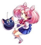  back_bow bishoujo_senshi_sailor_moon bow chestnut_mouth chibi_usa crescent full_body heart highres kneehighs looking_at_viewer luna-p open_mouth pink_hair red_eyes red_sailor_collar sailor_collar school_uniform shoes simple_background skirt solo twintails white_background white_legwear yamako_(state_of_children) 