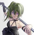  1girl arm_strap armlet bare_shoulders belt black_belt black_choker black_dress black_gloves breasts choker commentary dress english_commentary gloves gradient_background green_hair hair_between_eyes highres holding holding_staff long_hair looking_at_viewer o-ring o-ring_choker pleated_dress purple_eyes side_ponytail simple_background single_glove smile solo sousou_no_frieren staff suprii ubel_(sousou_no_frieren) 