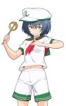  1girl anchor_symbol black_hair closed_mouth commentary green_eyes green_sailor_collar hat highres hishaku kakone looking_at_viewer murasa_minamitsu neckerchief red_neckerchief sailor_collar sailor_hat short_hair shorts smile solo touhou white_shorts 