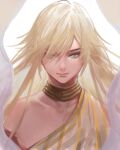  1boy bishounen blonde_hair blue_eyes collar commentary commentary_request floating_hair granblue_fantasy hair_between_eyes hair_over_one_eye light_smile lips long_hair looking_at_viewer lucio_(granblue_fantasy) male_focus messy_hair robe sidelocks spiked_hair tki upper_body white_background 