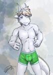 absurd_res anthro clothed clothing fur green_clothing green_underwear hi_res horn male purple_eyes shellan tail underwear underwear_only white_body white_fur