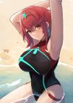  1girl armpits arms_up bare_shoulders beach blurry breasts covered_navel earrings from_below highres jewelry labebebe_lee large_breasts one-piece_swimsuit partially_submerged pyra_(pro_swimmer)_(xenoblade) pyra_(xenoblade) red_eyes red_hair sand short_hair solo swimsuit tiara water xenoblade_chronicles_(series) xenoblade_chronicles_2 