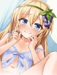  1girl babydoll bare_shoulders blonde_hair blue_eyes blush braid breasts closed_mouth collarbone food-themed_hair_ornament grape_hair_ornament green_hairband hair_ornament hairband highres iris_(konosuba) kono_subarashii_sekai_ni_shukufuku_wo! lingerie mochi_(k620803n) navel out-of-frame_censoring side_braid single_braid small_breasts smile solo spread_legs underwear 