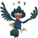  animal_focus beak bird_tail commentary_request murkrow no_humans okiza_yuuri open_mouth pokemon pokemon_(creature) red_eyes simple_background tail talons white_background wings 