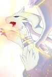 ambiguous_gender anthro biped black_sclera blue_eyes breath_powers elemental_manipulation fire fire_breathing fire_manipulation fur generation_5_pokemon hi_res legendary_pokemon nintendo open_mouth pokemon pokemon_(species) reshiram rumine simple_background solo white_background white_body white_fur