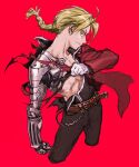  1boy belt black_pants blonde_hair closed_mouth commentary_request cropped_legs edward_elric fullmetal_alchemist highres iwamoto_tatsurou jacket long_hair male_focus mechanical_arms pants red_background red_jacket simple_background single_mechanical_arm solo torn_clothes torn_jacket yellow_eyes 