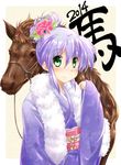  2014 alternate_hairstyle feena_fam_earthlight fujimoto_akio green_eyes hair_bun horse japanese_clothes kimono lavender_hair new_year obi sash solo yoake_mae_yori_ruri_iro_na 