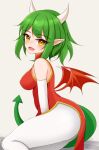 2024 asian_clothing ayatori blush blush_lines breasts butt chinese_clothing chinese_dress clothed clothing digital_media_(artwork) draco_centauros dragon_tail dragon_wings dress east_asian_clothing female green_eyes green_hair hair hi_res horn humanoid humanoid_pointy_ears legwear looking_at_viewer open_mouth pantyhose reptile_tail simple_background sitting solo tail white_background white_clothing white_legwear wings