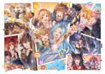  5girls 6+boys arm_up armor armpits beard belt bishounen black_hair blonde_hair blue_eyes blue_hair bracelet breasts brown_eyes brown_hair bubble_tea bug butterfly cassius_(granblue_fantasy) chopsticks cleavage clenched_hand closed_eyes cookie crossed_legs cup death_(granblue_fantasy) djeeta_(granblue_fantasy) draph dress eating empty_eyes energy english_text erune facial_hair falling_petals feather_(granblue_fantasy) fingerless_gloves floating_clothes floating_hair flying_sweatdrops food french_fries fruit gauntlets glasses gloves gran_(granblue_fantasy) granblue_fantasy green_eyes grin headbutt heart holding holding_chopsticks holding_cup holding_sword holding_weapon hood hood_down isaac_(granblue_fantasy) jewelry light_blush long_hair looking_at_viewer lyria_(granblue_fantasy) medium_hair messy_hair minaba_hideo mugen_(granblue_fantasy) multicolored_background multiple_boys multiple_girls multiple_views musical_note narmaya_(granblue_fantasy) nehan_(granblue_fantasy) nier_(granblue_fantasy) noodles official_alternate_costume official_art one_eye_closed open_mouth paneled_background parted_lips percival_(granblue_fantasy) petals pink_hair purple_butterfly ramen randall_(granblue_fantasy) reaching reaching_towards_viewer red_eyes red_hair sandalphon_(granblue_fantasy) short_hair sierokarte smile spoken_heart spoken_musical_note star_(symbol) strawberry suit sweater sword tea thinking third-party_source transparent_background turtleneck turtleneck_sweater vyrn_(granblue_fantasy) weapon white_dress white_hair 