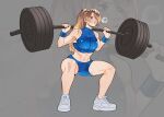  1girl barbell bare_shoulders blonde_hair blue_eyes blue_wristband breasts commentary cross-laced_footwear exercise full_body hair_intakes high_ponytail highres large_breasts long_hair metroid midriff muscular muscular_female pajaronaa puff_of_air samus_aran shoes solo squatting weightlifting weights white_footwear zoom_layer 
