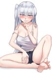  1girl absurdres barefoot black_shorts breasts camisole casual cleavage finger_to_mouth fuyutsuki_(kancolle) grey_eyes grey_hair highres kantai_collection kiritto long_hair looking_at_viewer medium_breasts one_side_up shorts simple_background sitting smile solo strap_slip white_background white_camisole 