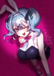  1girl animal_ears bare_shoulders black_leotard blue_eyes blue_hair bow breasts fake_animal_ears hair_ornament hatsune_miku heart highres implied_sex large_breasts leotard looking_at_viewer one_eye_closed open_mouth playboy_bunny rabbit_ears rabbit_hole_(vocaloid) slewpie smile solo speed_lines teardrop_facial_mark through_wall twintails vocaloid x_hair_ornament 
