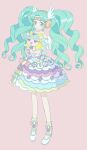  1girl animal bare_shoulders colored_eyelashes dress falulu falulu_(awakened) forehead_jewel full_body green_hair grey_eyes headphones heart highres holding holding_animal idol_clothes ku_(residual666) layered_dress long_hair looking_at_viewer parted_bangs pretty_series pripara shoes sidelocks smile solo standing twintails unicorn unicorn_(pripara) very_long_hair white_footwear wing_hair_ornament 