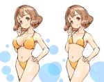  1girl amanofu_stella bikini bob_cut breasts brown_eyes brown_hair circle collarbone commentary_request double-parted_bangs expectations/reality hand_on_own_cheek hand_on_own_face hand_on_own_hip highleg highleg_bikini laorenxing large_breasts looking_at_viewer navel short_hair small_breasts smile sound_house_(store) sweat swimsuit virtual_youtuber wavy_hair white_background yellow_bikini 