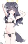  1girl animal_ears artist_name black_hair blue_archive blue_eyes blush breasts camisole camisole_lift closed_mouth clothes_lift cowboy_shot dated dog_ears groin halo hibiki_(blue_archive) highres lifted_by_self long_hair looking_at_viewer medium_breasts myeolchi navel signature simple_background solo white_background white_camisole yellow_halo 
