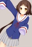  arm_up blush brown_hair long_hair looking_at_viewer mikakunin_de_shinkoukei mitsumine_mashiro ribbon school_uniform short_hair_with_long_locks simple_background sleeves_past_fingers sleeves_past_wrists smile solo suterii yellow_eyes 