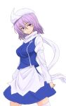  1girl apron blue_skirt breasts closed_mouth highres kakone lapel_pin letty_whiterock looking_at_viewer one-hour_drawing_challenge purple_eyes purple_hair scarf short_hair simple_background skirt smile solo touhou white_apron white_background white_scarf 