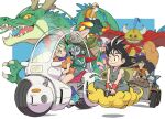  2girls 6+boys armor beard bikini_armor black_hair blue_armor bow bulma cape car cat chi-chi_(dragon_ball) colored_sclera colored_skin dragon dragon_ball dragon_ball_(classic) dress driving eastern_dragon facial_hair flying_nimbus gas_mask green_eyes green_hair green_jacket green_skin gyuu_mao hair_bow highres horns jacket long_hair looking_at_viewer looking_back mask medium_hair monkey_tail motor_vehicle motorcycle multiple_boys multiple_girls muscular muscular_male muten_roushi oolong orange_dress pig pink_helmet pink_skin puar red_cape red_dress red_eyes robot ruyi_jingu_bang shenron_(dragon_ball) simple_background smile son_goku spiked_hair tail two-tone_dress urasato yellow_sclera 