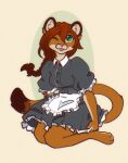 2024 anthro blep brown_body brown_fur clothed clothing digital_drawing_(artwork) digital_media_(artwork) dipstick_tail felid female fully_clothed fur green_eyes hair hi_res looking_at_viewer maid_uniform mammal markings one_eye_closed red_hair simple_background solo tail tail_markings tongue tongue_out uniform wink yshanii