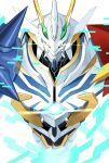  adapted_costume armor asymmetrical_arms bakeneko38 digimon digimon_(creature) fins glowing glowing_eyes green_eyes head_fins highres horns mecha omegamon omegamon_x-antibody robot shoulder_armor simple_background spikes upper_body white_background 