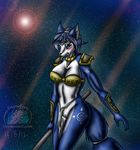  anthro black_nose blue_eyes blue_fur blue_hair blush breasts canine female fox fur hair jewelry krystal looking_at_viewer mammal nintendo open_mouth pussy snowfyre solo star_fox tongue video_games white_fur 