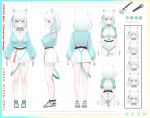  &gt;_&lt; 1girl :3 absurdres ahoge animal_ear_fluff animal_ears aqua_border aqua_hair aqua_jacket aqua_ribbon aqua_shirt ass belt black_belt blush border breasts cat_ears cleavage cleavage_cutout clothing_cutout collared_jacket color_guide colored_inner_hair commentary_request cropped_jacket elbow_gloves expressions from_behind from_side gloves gold_trim gradient_border green_eyes green_ribbon grid groin hair_ornament hair_ribbon hairclip highleg_one-piece_swimsuit highres hizuki_miu indie_virtual_youtuber instrument jacket jewelry leg_ribbon long_sleeves medium_hair microphone multicolored_hair multiple_views necklace neon_trim o_o official_art one-piece_swimsuit popped_collar puffy_long_sleeves puffy_sleeves reference_sheet ribbon shirt side_ponytail skindentation skirt sleeves_past_wrists solo swimsuit thigh_ribbon thigh_strap touyou_(39kir) turnaround ukulele virtual_youtuber white_background white_gloves white_hair white_one-piece_swimsuit white_shirt white_skirt wing_collar yellow_border 